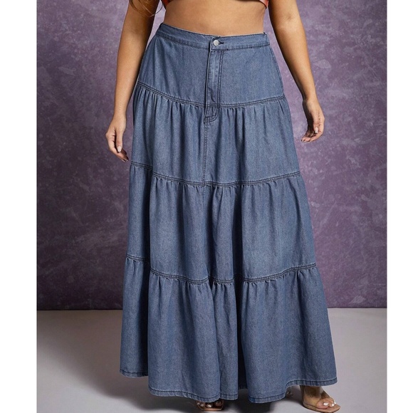 Plus Medium Wash High Waisted Ruffle Hem Western Maxi Skirt - Picture 2 of 6